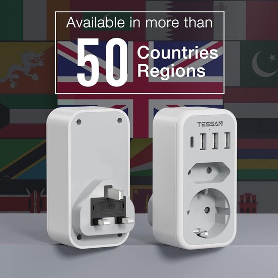 Prise de voyage UK avec 3 USB et 1 USB C - Prise adaptateur UE vers UK - 15W 3A - Adaptateur de voyage UK Plug Type G - Prise Angleterre - Adaptateur de voyage - Irlande - TESSAN
