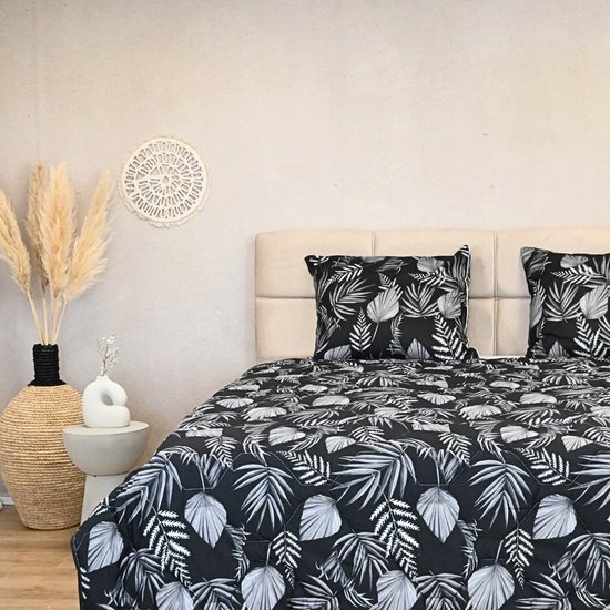 HappyBed All year dekbed enkel 140x220 - Eenpersoonsdekbed - Wasbaar dekbed zonder overtrek - Bedrukt dekbed zonder hoes - Hoesloos Dekbed met Print - Microvezel - Black leaves