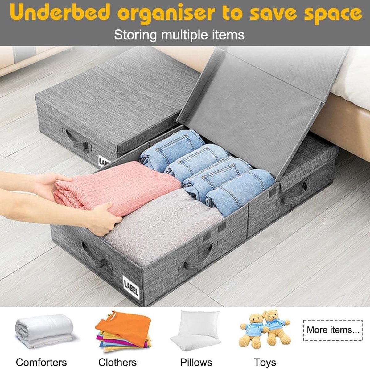 iwill CREATE PRO Opvouwbare wasbare stofdichte opbergbak voor onder het bed, voor kast, kledingkast, dekens, dekbedden, truien, donkergrijs, set van 3