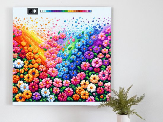 Pixel art bloemen schilderij | Digitale bloemenpracht: een kleurrijk pixelkunstwerk vol leven en vreugde | Kunst - 30x30 centimeter op Canvas | Foto op Canvas