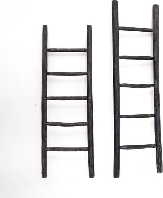 Twee zwarte houten decoratieve ladders van verschillende groottes, beide met vijf sporten.