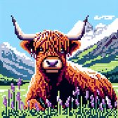 Pixel art schotse hooglander schilderij | Schotse Hooglander vereeuwigd in betoverende pixelkunst creatie | Kunst - 30x30 centimeter op Canvas | Foto op Canvas