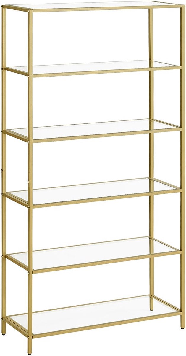 Rootz Living Rootz Goudkleurige metalen en glazen plank Displaystandaard Opbergrek Stijlvol ontwerp Stevige constructie Eenvoudige montage 30 cm x 80 cm x 177 3 cm