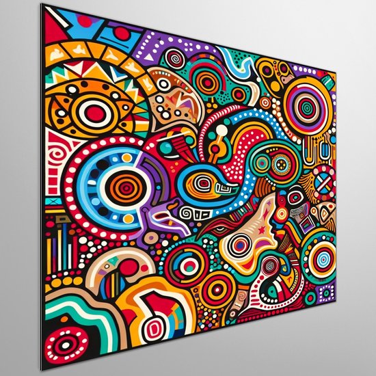 Pop art aboriginal schilderij | Vibrant fusion of pop art and aboriginal culture masterpiece | Kunst - 30x30 centimeter op Canvas | Foto op Canvas