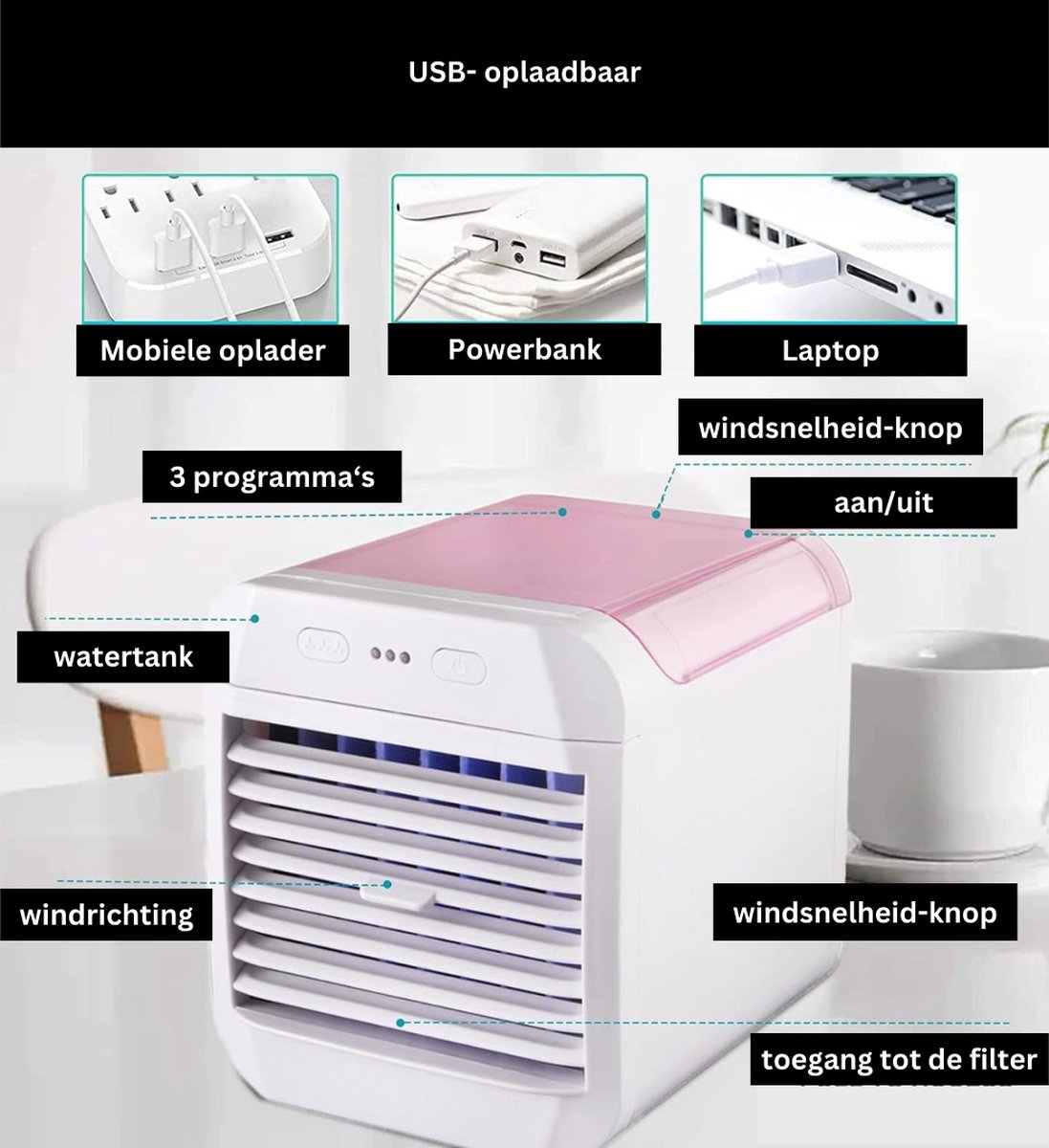 Mobiele Airco Zonder Afvoer - Mobiele Aircooler Draagbaar - Mobiele Airco voor Slaapkamer met 3 snelheden- Wit en Roze – foto 3