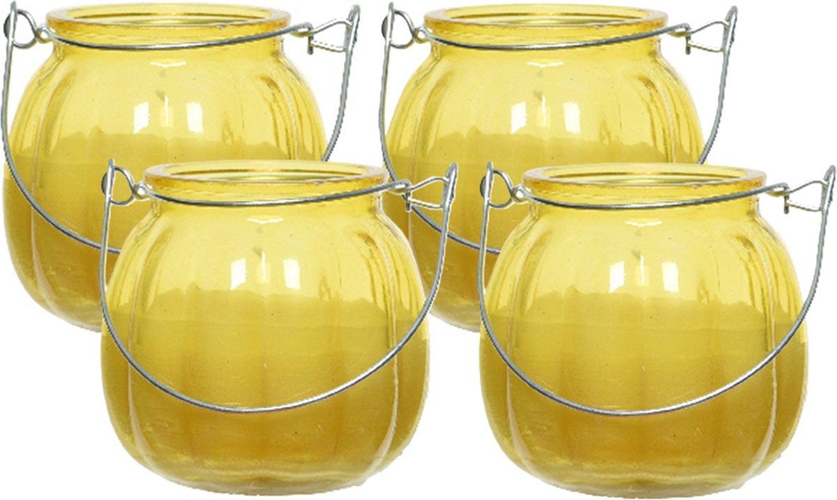 Decoris Citronella kaars voor buiten - 4x - glas - geel - 15 branduren - D8 x H8 cm - citrus geur
