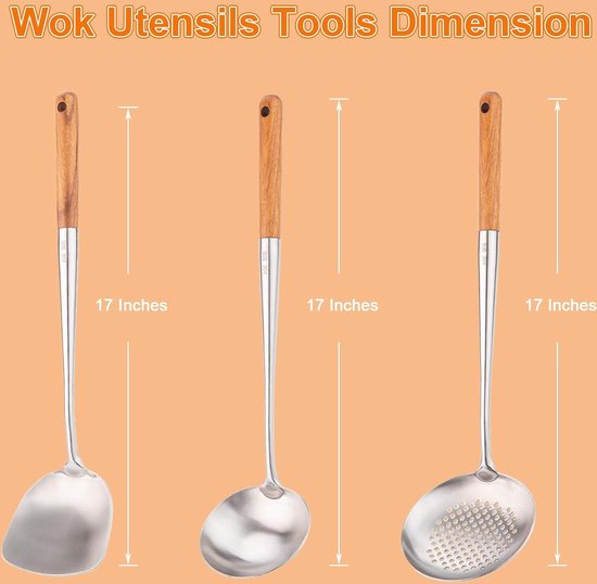 Wok Spatel En Pollepel, Skimmer Pollepel Tool Set, 17inches Spatel Voor Wok 304 Roestvrij Staal Wok Spa