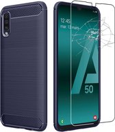 ebestStar - Hoes voor Samsung A50 Galaxy SM-A505F, TPU Bescherming Cover, Koolstof Design Hoesje, Donkerblauw + Gehard Glas