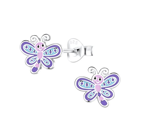 Boucles d'oreilles argent fille | Boucles d'oreilles enfant | Boucles d'oreilles clous en argent, libellule joyeuse avec violet, bleu et rose