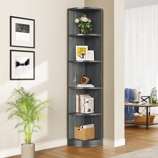 DlandHome Étagère D'Angle 6 Niveaux 165 CM - Bibliothèque Coin Industriel Marron Rustique