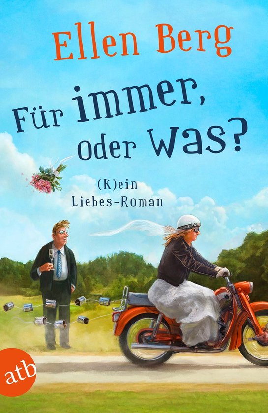 Boekomslag: een bruid op een motorfiets met een verbaasde man in pak met blikjes aan een touw op de achtergrond.