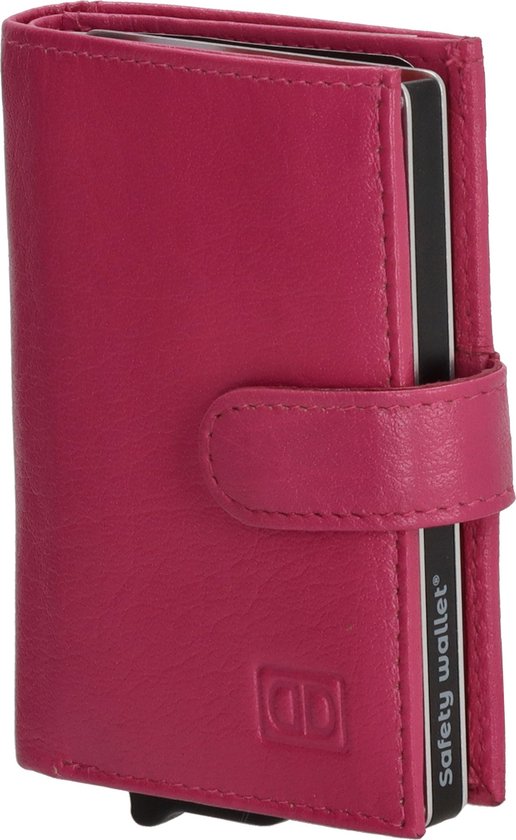 Porte-cartes Double-D / porte-cartes de crédit - compartiment monnaie et billets - Anti Skim - 8 cartes - 100% Cuir - Fuchsia