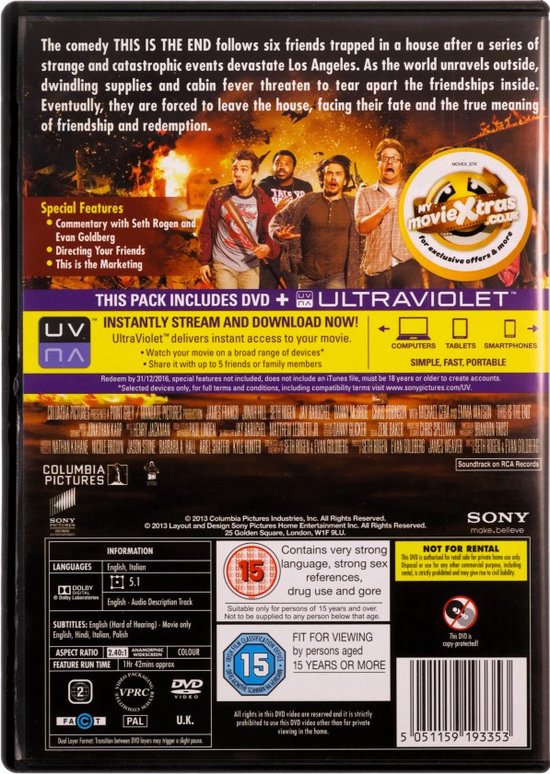 Achterkant van de This Is The End dvd met zes mannen voor een brandende stad. Bevat productinformatie en logo's.