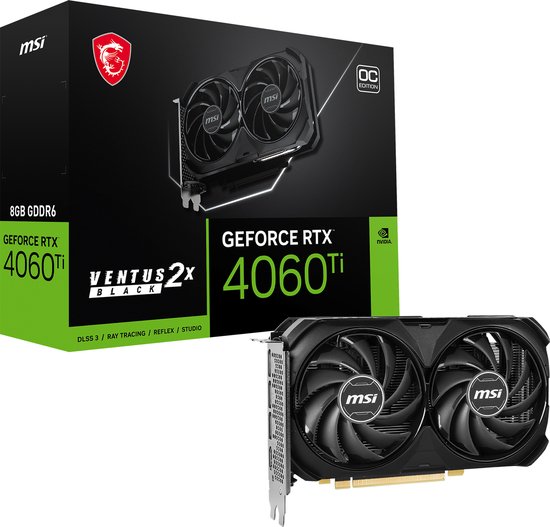 MSI NVIDIA GeForce RTX 4060 Ti VENTUS 2X BLACK 8G OC - Videokaart - 8GB - GDDR6 - PCIe 4.0 - 1x HDMI 2.1a - 3x DisplayPort 1.4