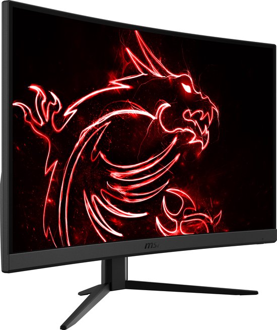 Schuine voorkant van een zwarte MSI gebogen gaming monitor met rode draak.