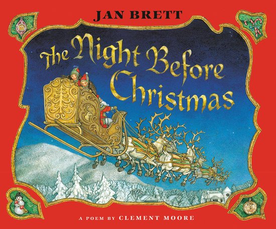 Jan Brett's 'The Night Before Christmas' met de Kerstman op slee met rendieren, getrokken door sneeuwpoppen.