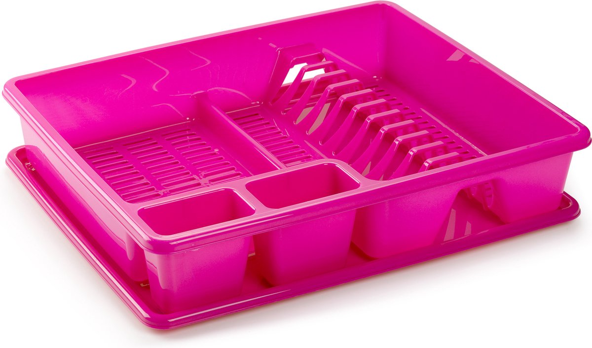 Goedkoopste Plasticforte Afwas afdruiprek - fuchsia roze - kunststof - 48 x 38 x 9 cm - met lekbak - huis/camping