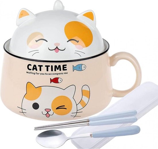 Lachineuse Japanse Ramen Kom Met Deksel Kawaii Kattenkom Instant Noedels En Ontbijtschaal Bestek Cadeau Idee Anime Japan Chinese Voor Kinderen Volwassenen Kleur Geel 753301060