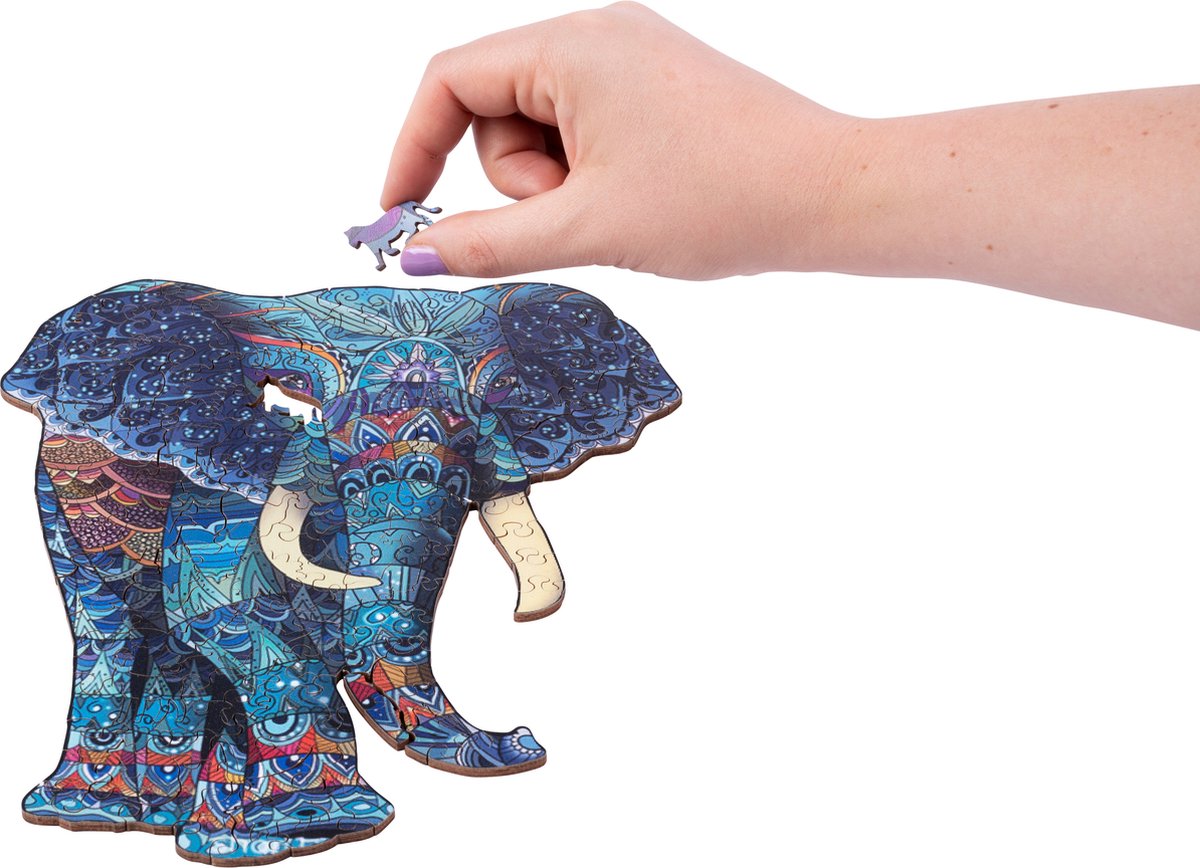 Houten Puzzel Olifant – 178 Unieke Puzzelstukjes – A4 Formaat Houten Legpuzzel – Dieren Puzzelspel – Uitdagend Denkspel – Inclusief Opbergetui – Engelhart — afbeelding 6