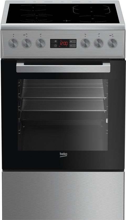 Roestvrijstalen Beko keramisch fornuis met vier kookzones, digitale timer en oven met glazen deur.