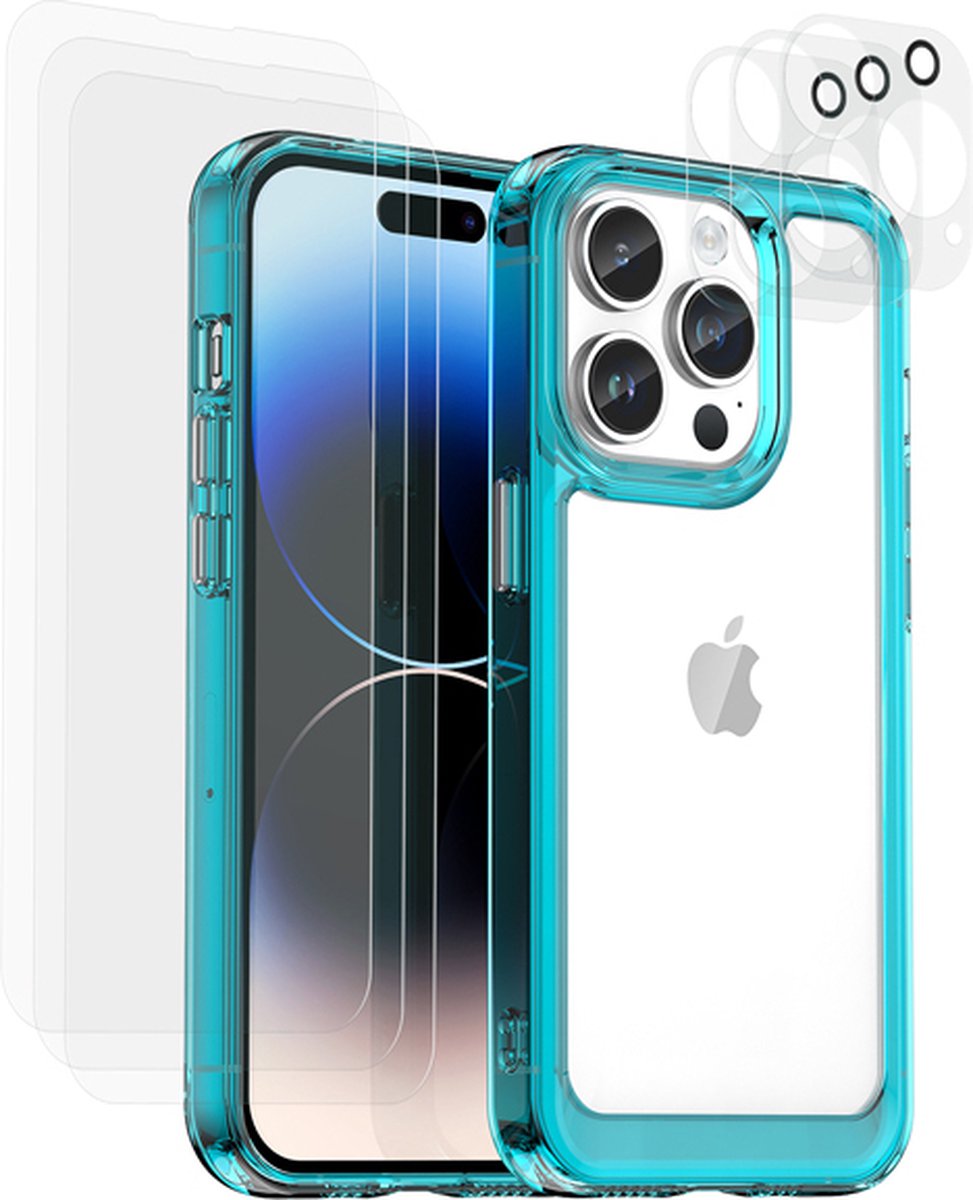 Eko, Hoesje geschikt voor iPhone 14 Pro - met 6 Tempered Glass Screenprotectors, Lichtblauw