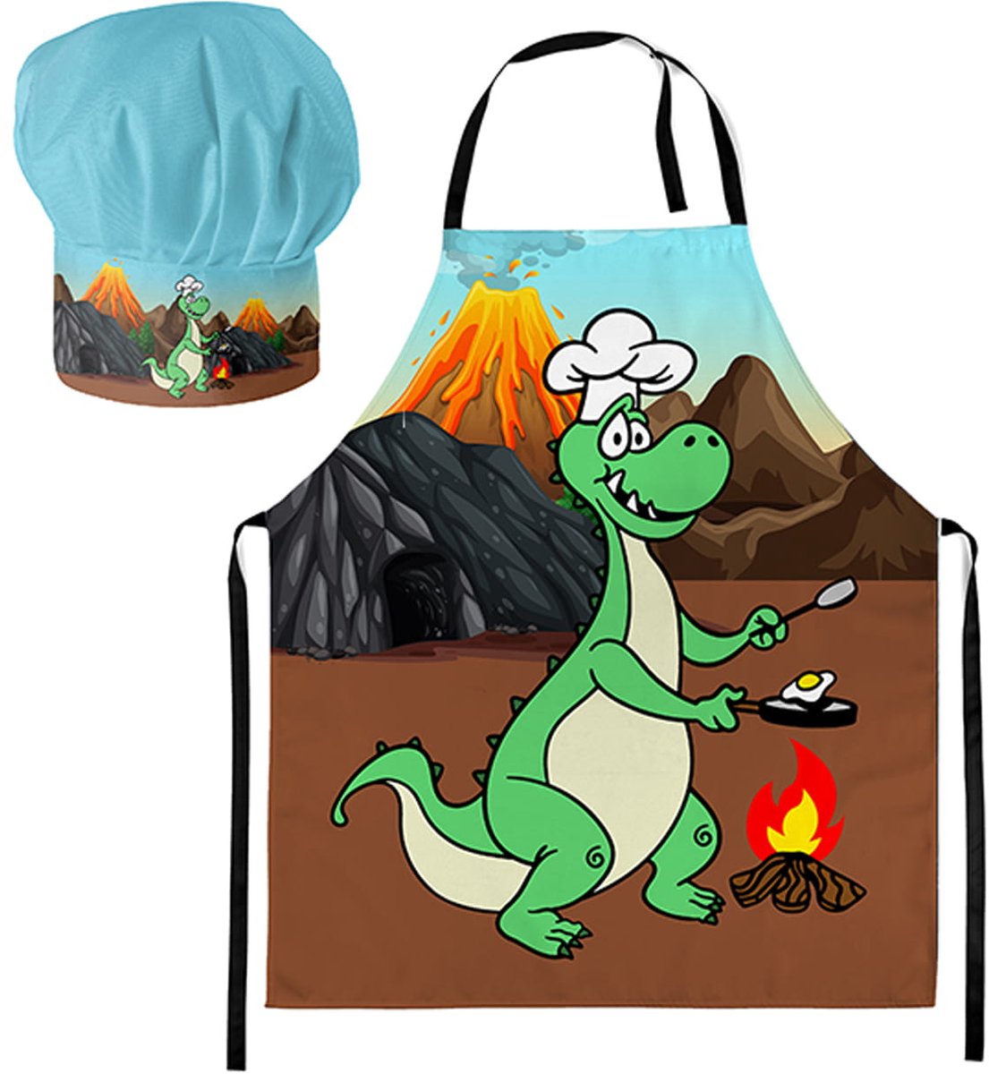 FEROCITY - Kinderkeukenset: Koksmuts + Kinderschort 2-delige Set - met klittenband - Unisex - Dino