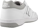 Achterkant van een witte lage sneaker van New Balance met grijze details en 'new balance' logo op de hiel.