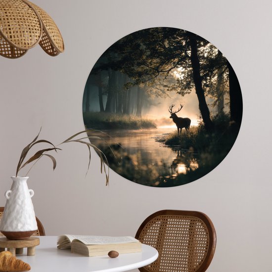 WallCircle® - Cercle de papier peint 50x50 cm - Stickers muraux Cerf - Ruisseau forestier - Mystique - Cercle mural salon - Cercle mural chambre - Décoration murale autocollante - Accessoires de Décoration murale