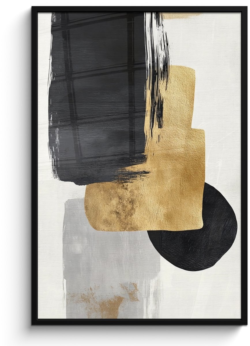FrameYourWall Poster in lijst - Fotolijst 80x120 cm - Posters - Goud - Rechthoeken - Cirkels - Abstract - Posterlijst zwart - Decoratie - Wanddecoratie woonkamer - Muurdecoratie slaapkamer