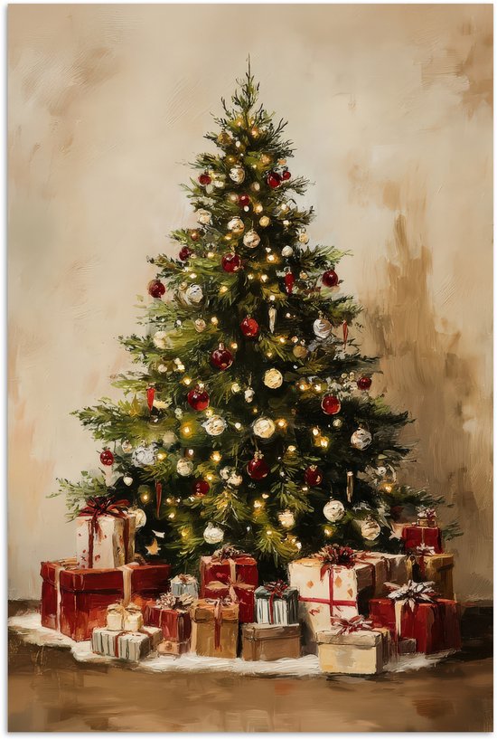 Poster 60x90 cm - Kerstboom - Versierd - Kleurrijk - Posters - Kamer decoratie - Wanddecoratie woonkamer - Muurdecoratie slaapkamer - Kerstversiering - Kerstdecoratie voor binnen - Kerstmis