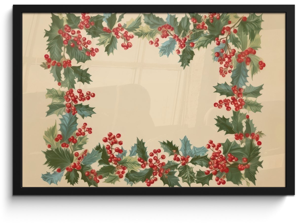 FrameYourWall Poster in lijst - Fotolijst 60x40 cm - Posters - Hulstrand - Bessen - Beige - Posterlijst zwart - Decoratie - Wanddecoratie woonkamer - Muurdecoratie slaapkamer - Kerstversiering - Kerstdecoratie voor binnen - Kerstmis