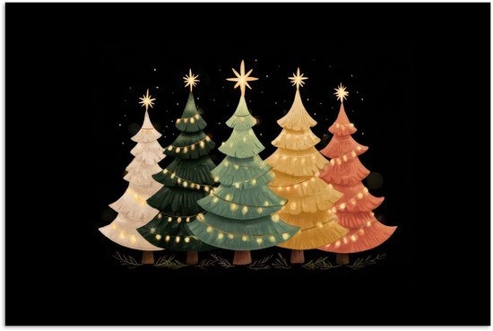 Poster 60x40 cm - Kerstbomen - Kleurrijk - Lichtjes - Ster - Posters - Kamer decoratie - Wanddecoratie woonkamer - Muurdecoratie slaapkamer - Kerstversiering - Kerstdecoratie voor binnen - Kerstmis