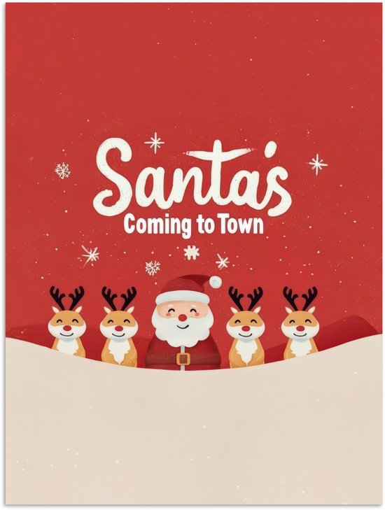 Poster 60x80 cm - Illustratie - Kerstman - Rendieren - Rood - Posters - Kamer decoratie - Wanddecoratie woonkamer - Muurdecoratie slaapkamer - Kerstversiering - Kerstdecoratie voor binnen - Kerstmis