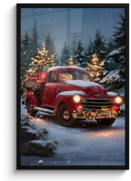 Poster in lijst - Fotolijst 60x90 cm - Posters - Kersttruck - Sneeuwbos - Rood - Posterlijst zwart - Decoratie - Wanddecoratie woonkamer - Muurdecoratie slaapkamer - Kerstversiering - Kerstdecoratie voor binnen - Kerstmis