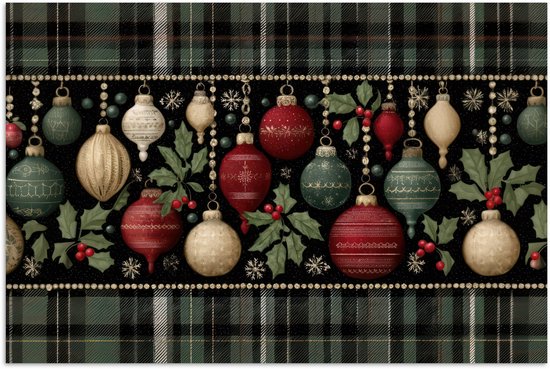 Poster 90x60 cm - Kerstballen - Rood - Hulsttakken - Patroon - Posters - Kamer decoratie - Wanddecoratie woonkamer - Muurdecoratie slaapkamer - Kerstversiering - Kerstdecoratie voor binnen - Kerstmis