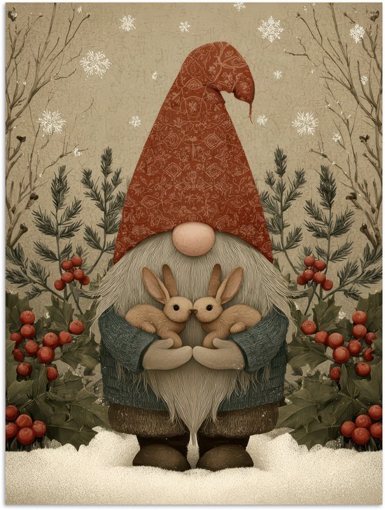 Poster 30x40 cm - Kerstgnome - Konijntjes - Kleurrijk - Posters - Kamer decoratie - Wanddecoratie woonkamer - Muurdecoratie slaapkamer - Kerstversiering - Kerstdecoratie voor binnen - Kerstmis
