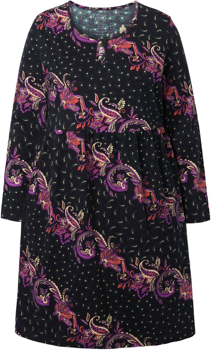 Ulla Popken Dames - Jersey jurk paisley A-lijn ronde hals lange mouw - Zwart - Maat 50+