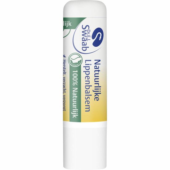 Lippenbalsem met tekst 'Natuurlijke Lippenbalsem 100% Natuurlijk' en 'Herstelt, verzacht, verzorgt'.