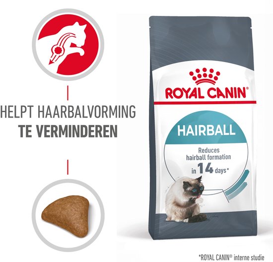 Voerzak Royal Canin Hairball met afbeeldingen van een kat, brokjes en het "HELPT HAARBALVORMING TE VERMINDEREN" logo.