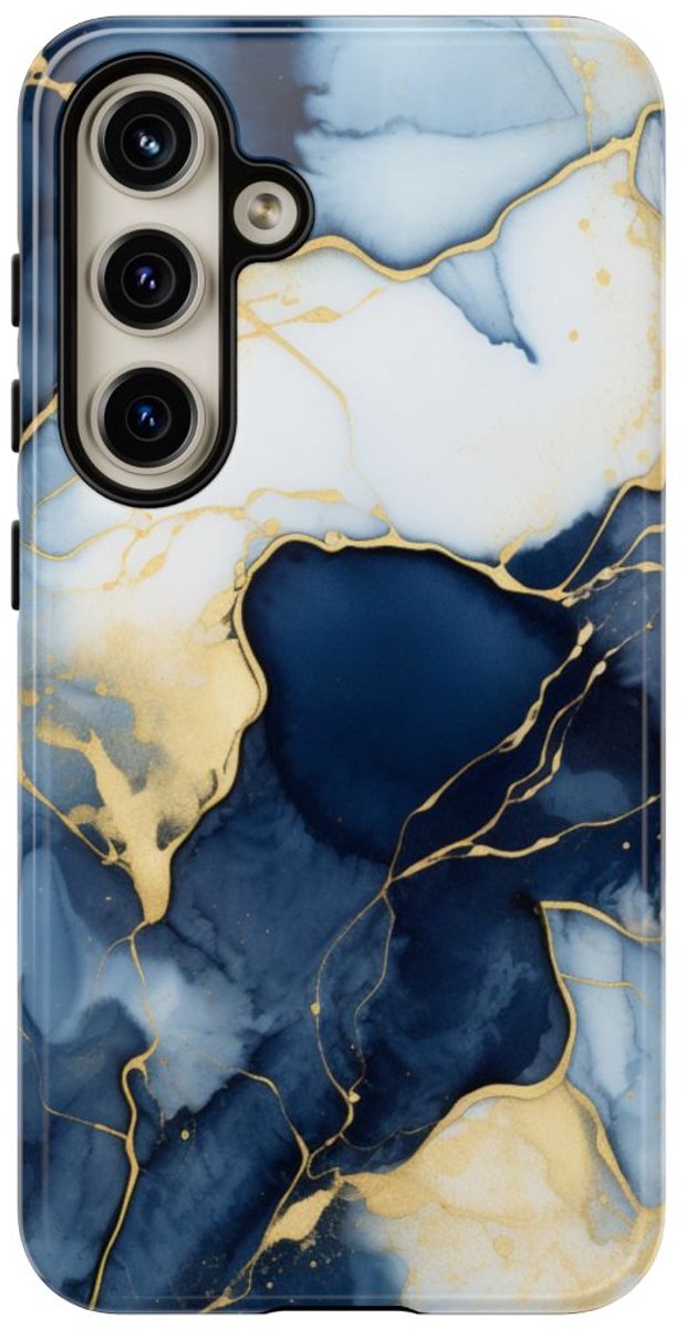 Diepblauw en Goud Abstract Inktpatroon – Telefoonhoesje Geschikt voor Samsung Galaxy S24