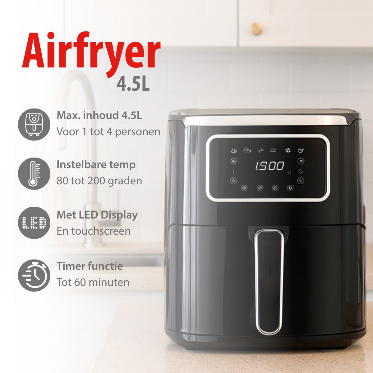 Afbeelding 3 van alpina Airfryer 4.5L- Heteluchtfriteuse voor 3 tot 4 Personen - Air Fryer met Digitaal Display - Instelbare Temperatuur van 80°C tot 200°C - Timer tot 60 Minuten - Hetelucht Friteuse 1450W
