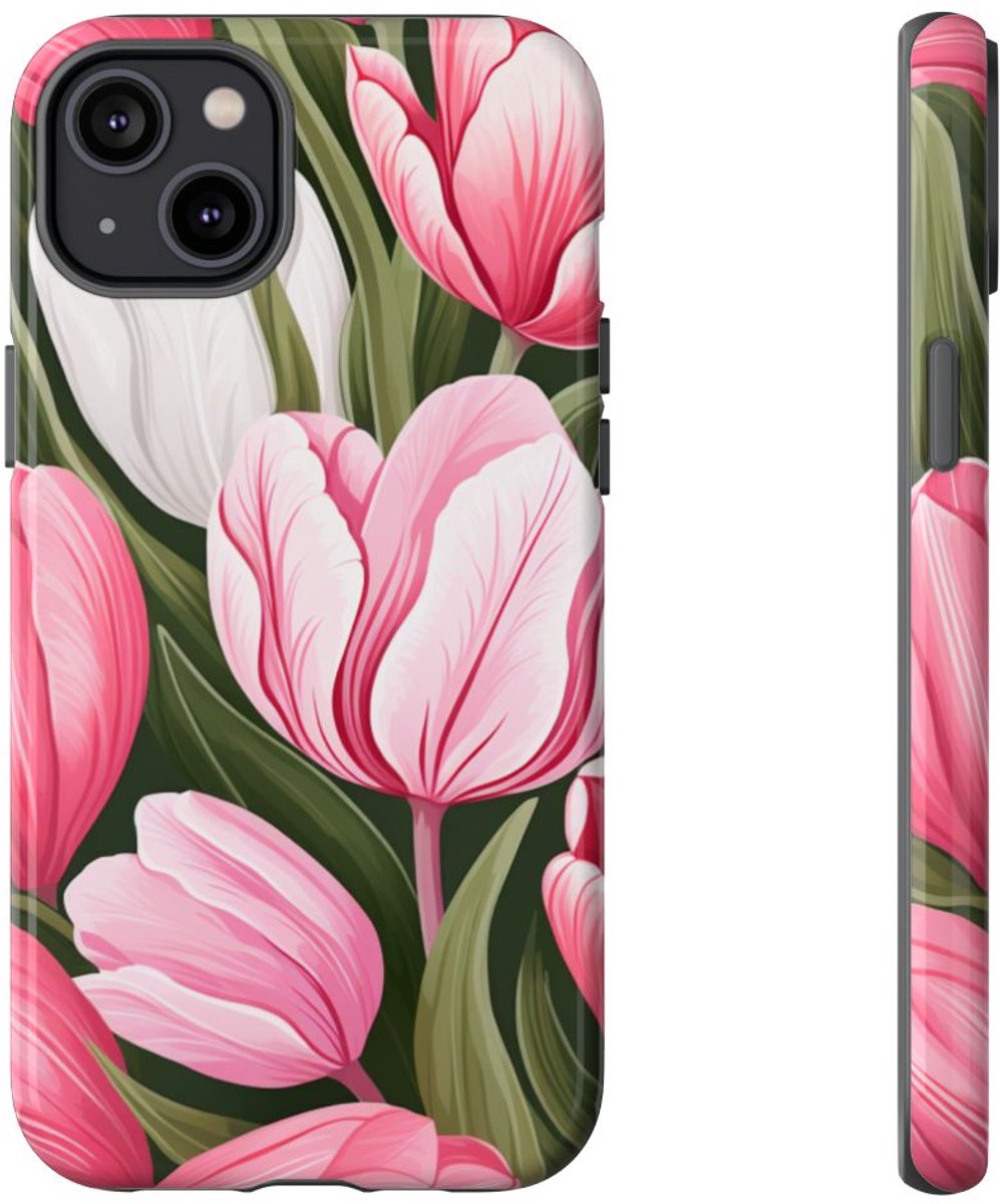 Roze en Witte Tulp Bloemenpatroon – Telefoonhoesje Geschikt voor iPhone 14 Plus