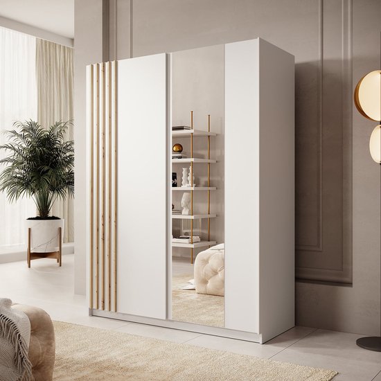 Meubella - Armoire Boets - Wit - Chêne - 150 cm - Avec miroir
