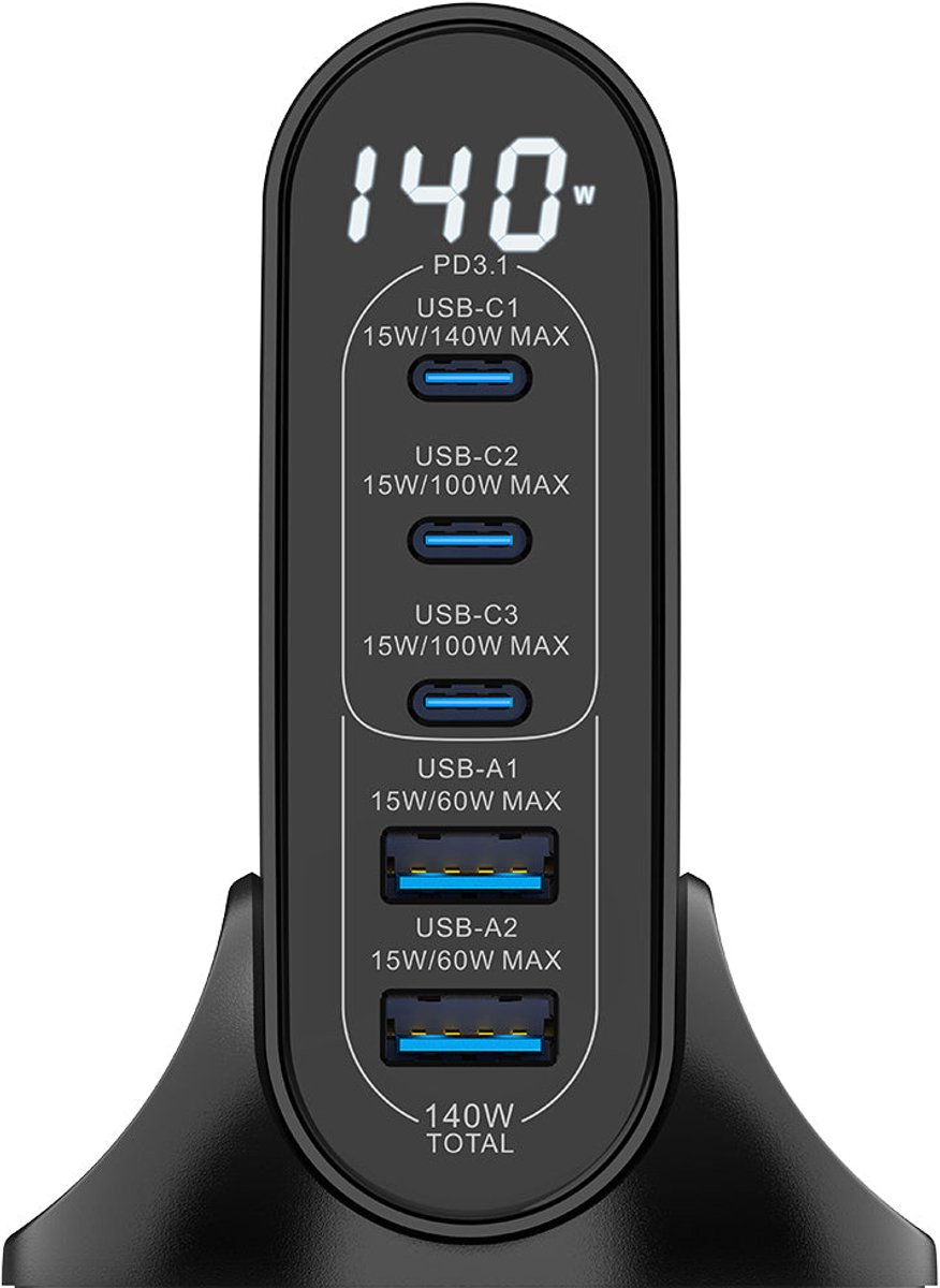 Rixus RX140 GaN Power Adapter With Digital Display 140W Black