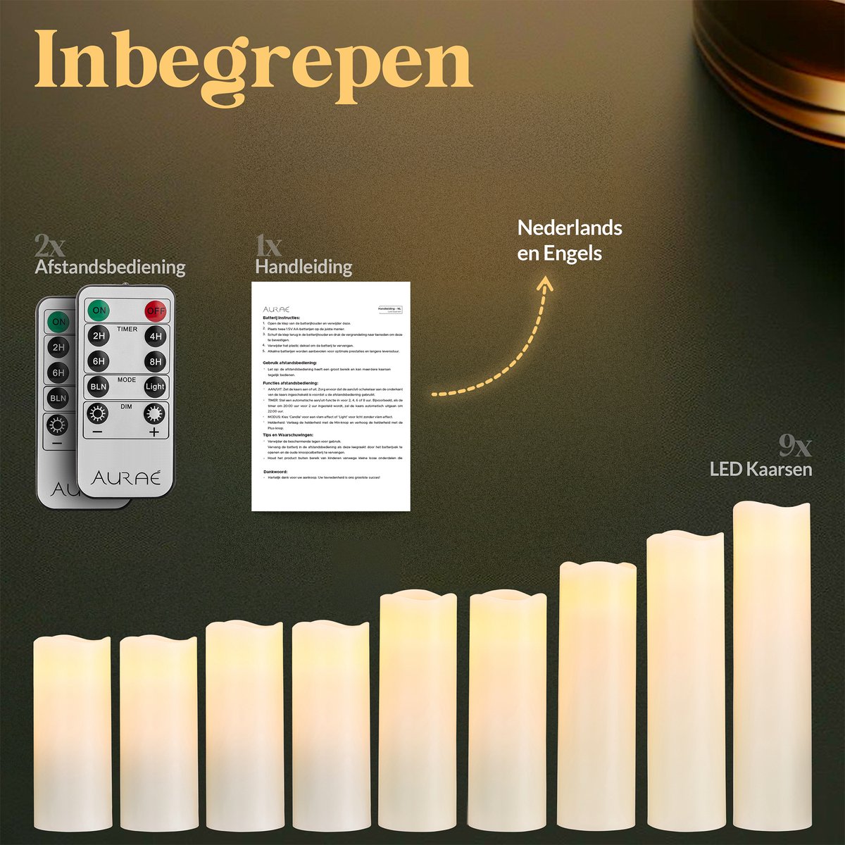 Aurae Led Kaarsen met Afstandsbediening - 9x - Echte Wax - Flikkerende Vlam - 250+ Branduren - op Batterijen - Timer - Kerst Kaarsen — cadeau in Wonen & Interieur - foto 6