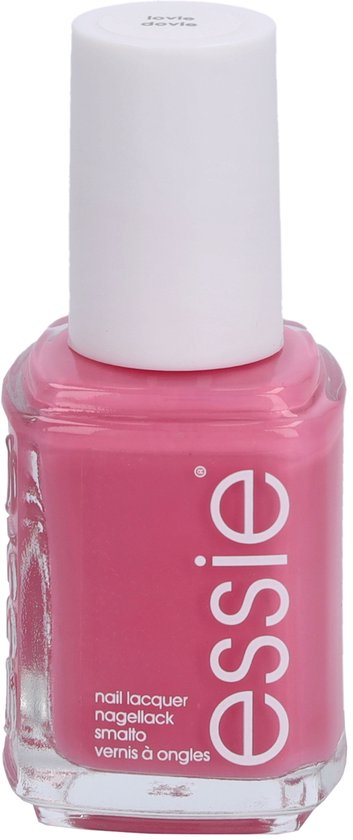 Essie nagellakflesje met roze nagellak en een wit dopje. Tekst op het flesje: 'nail lacquer nagellack smalto vernis à ongles'.