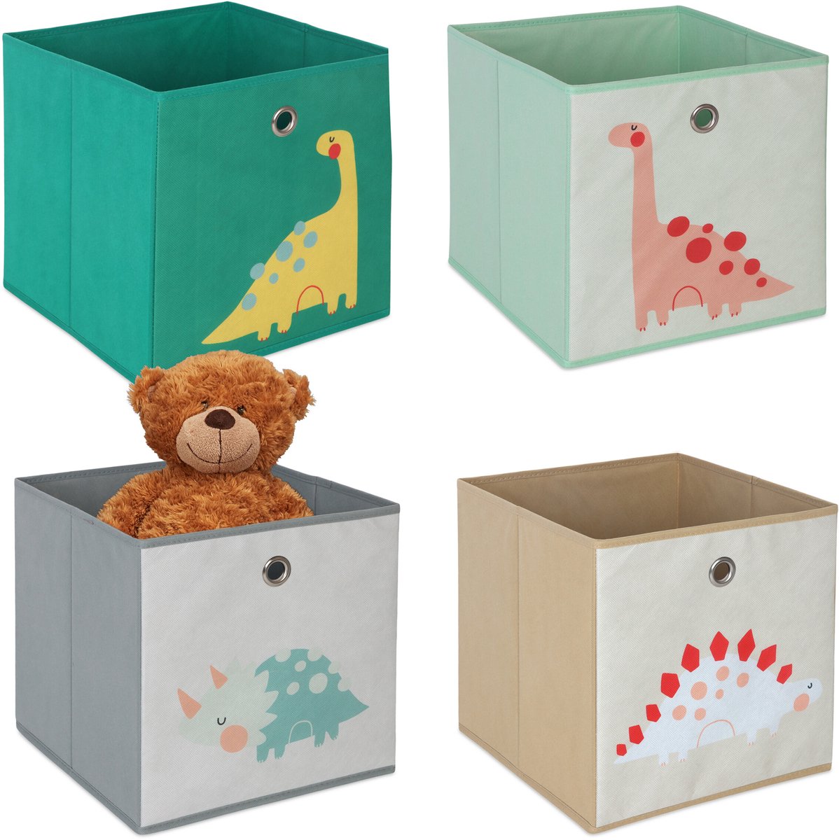 Kinder opbergboxen - Dino's - bonte kleuren - 30x30x30 cm - 4 stuks