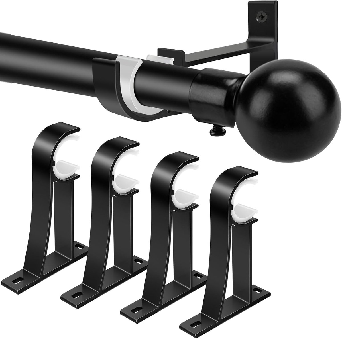 4-pack gordijnroedebeugels, robuuste gordijnroedehouders, enkele decoratieve roedehaak voor gordijnroeden van 2,5 cm, zwart