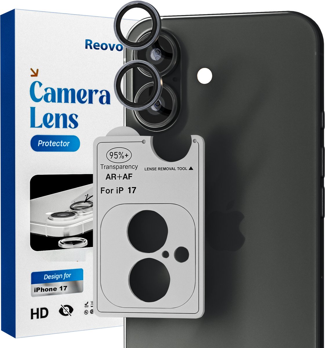 REOVO Camera Protector – Geschikt voor iPhone 17 - 0.05mm Slim Fit – Zwart -Titanium Frame – Anti-Kras & Schokbestendig