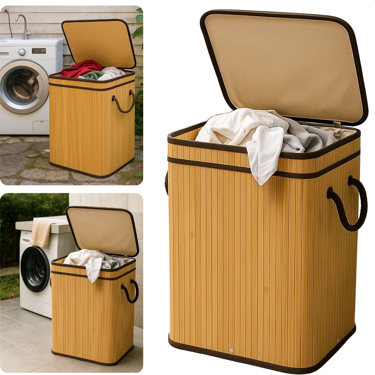 Cheqo® Bamboe Wasmand - Wasmand met Deksel - Uitneembare Wasbare Binnenzak - 72 Liter - Natuurlijk Bruin - Klapdeksel - Wasmand 1 Vak